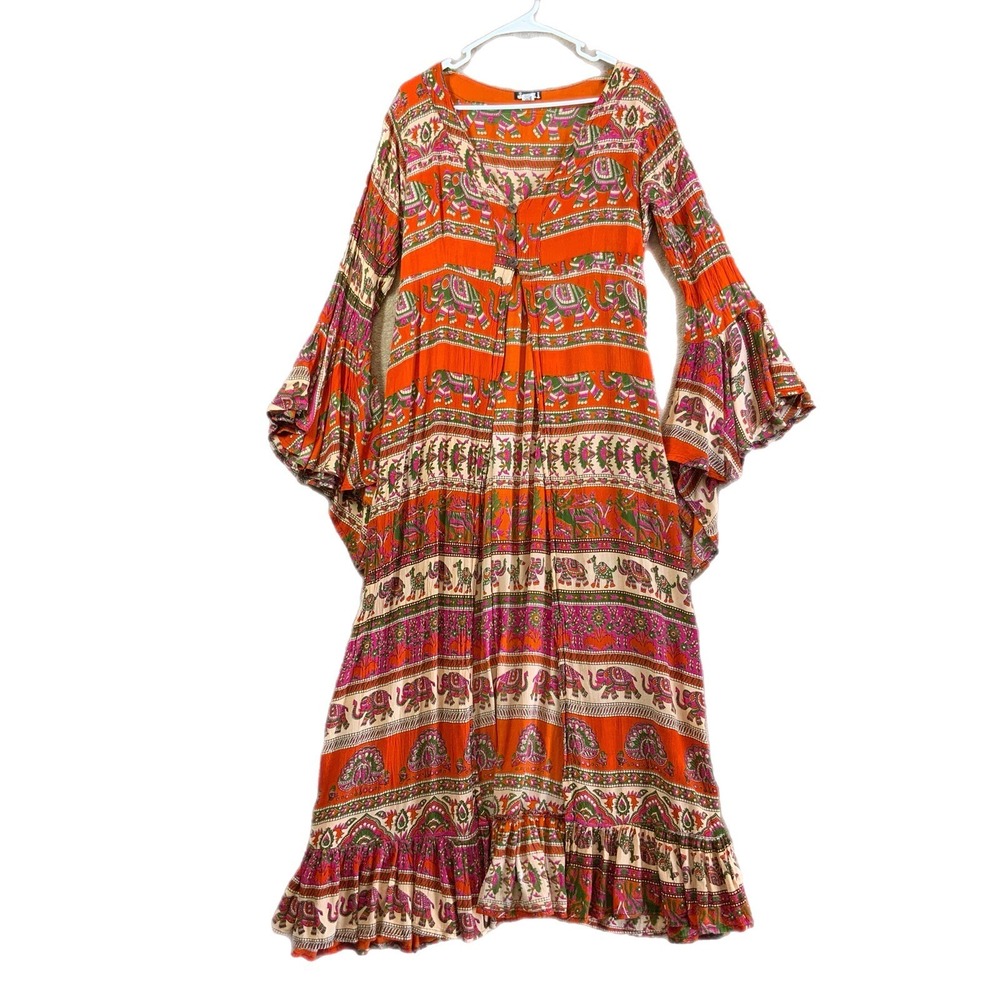 Womens JAYLI Sz M Block Print Coat Dress‎ from Nepal Hippie Boho Flaire EUC